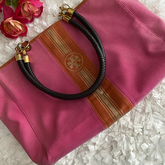 Tory Burch XL Canvas Pink Tote w/Braided Handles - Picture 4 of 14